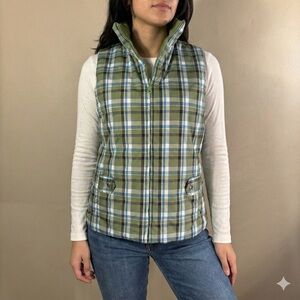 Jones New York Sport Reversible Puffer Vest Green Plaid Quilted Zip NWT Size S